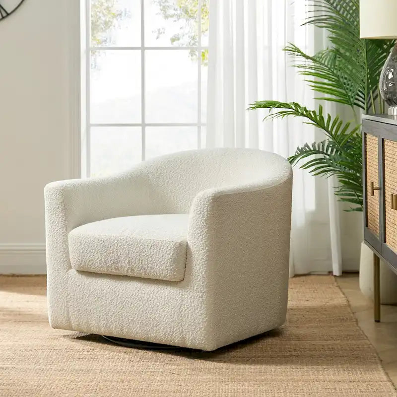 Modern Boucle Upholstered 360° Swivel Barrel Accent Chair Blue Grey Ivory