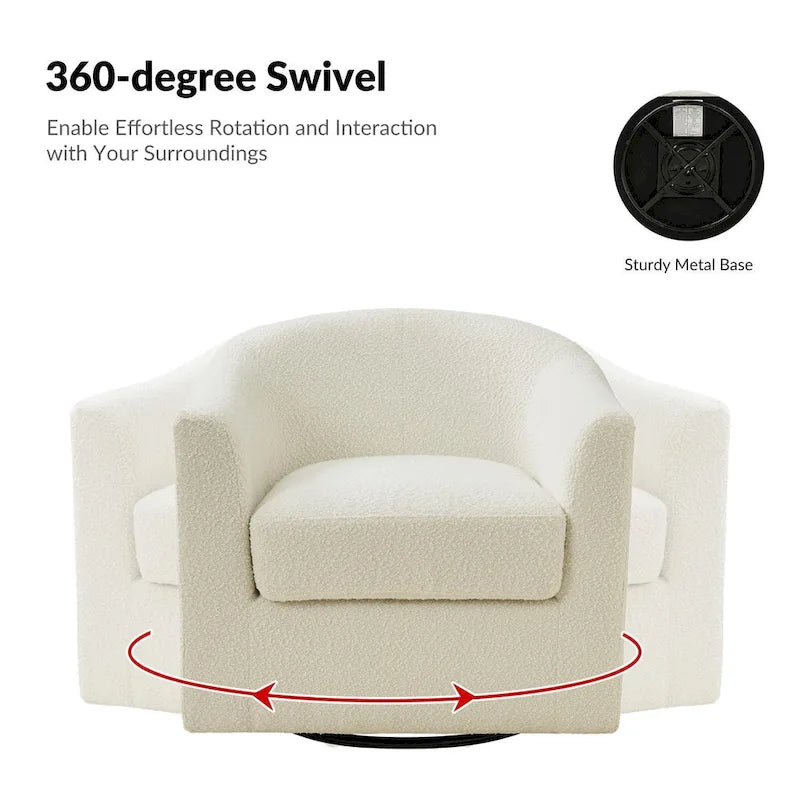 Modern Boucle Upholstered 360° Swivel Barrel Accent Chair Blue Grey Ivory