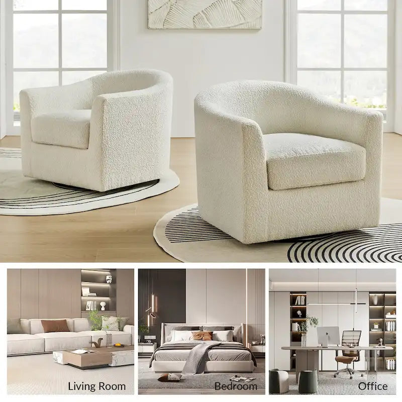 Modern Boucle Upholstered 360° Swivel Barrel Accent Chair Blue Grey Ivory