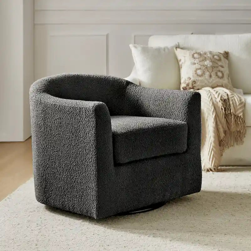Modern Boucle Upholstered 360° Swivel Barrel Accent Chair Blue Grey Ivory