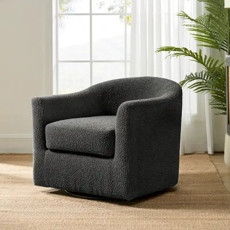 Modern Boucle Upholstered 360° Swivel Barrel Accent Chair Blue Grey Ivory