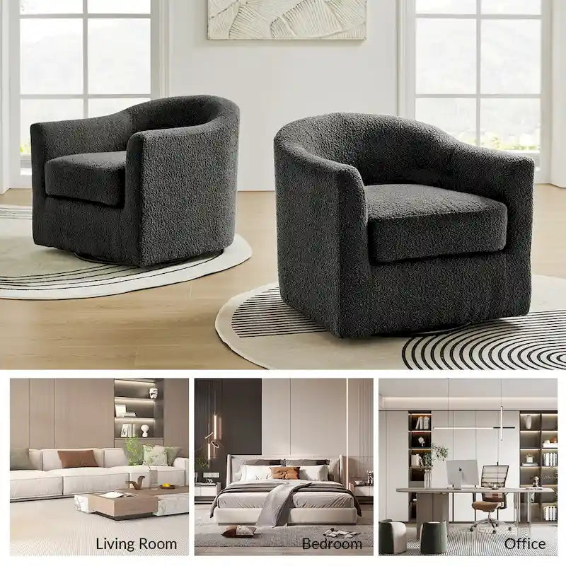 Modern Boucle Upholstered 360° Swivel Barrel Accent Chair Blue Grey Ivory