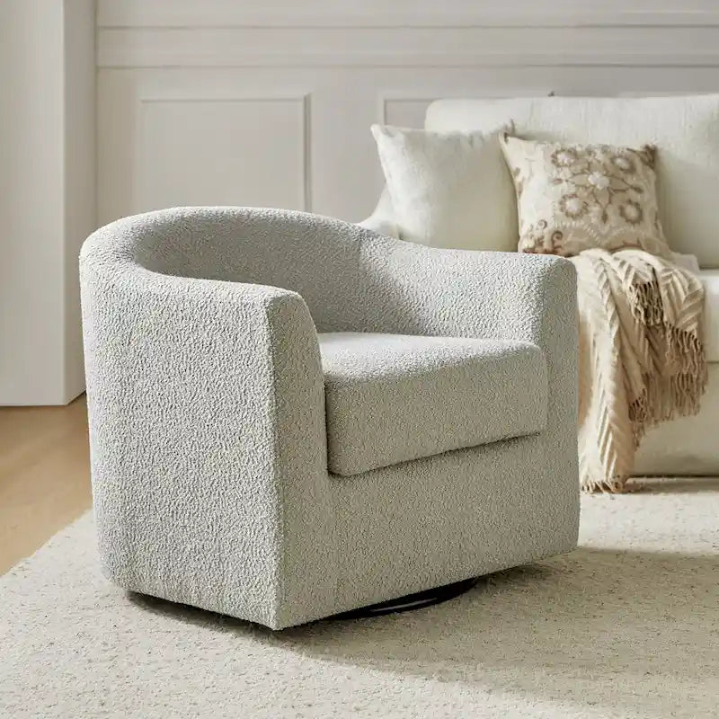 Modern Boucle Upholstered 360° Swivel Barrel Accent Chair Blue Grey Ivory