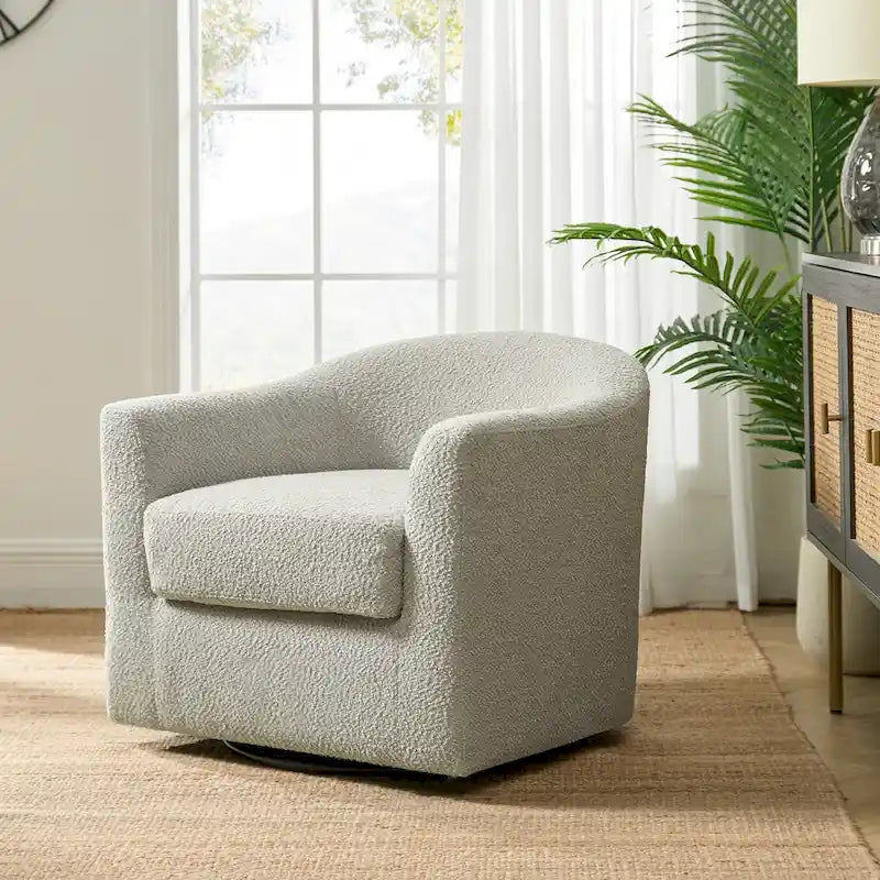 Modern Boucle Upholstered 360° Swivel Barrel Accent Chair Blue Grey Ivory