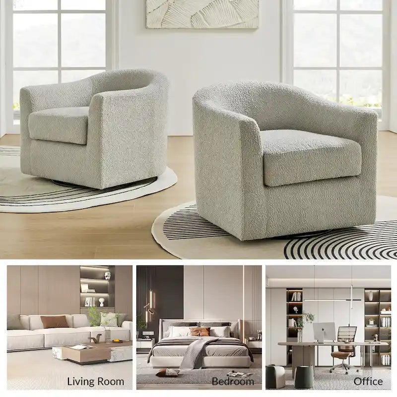 Modern Boucle Upholstered 360° Swivel Barrel Accent Chair Blue Grey Ivory