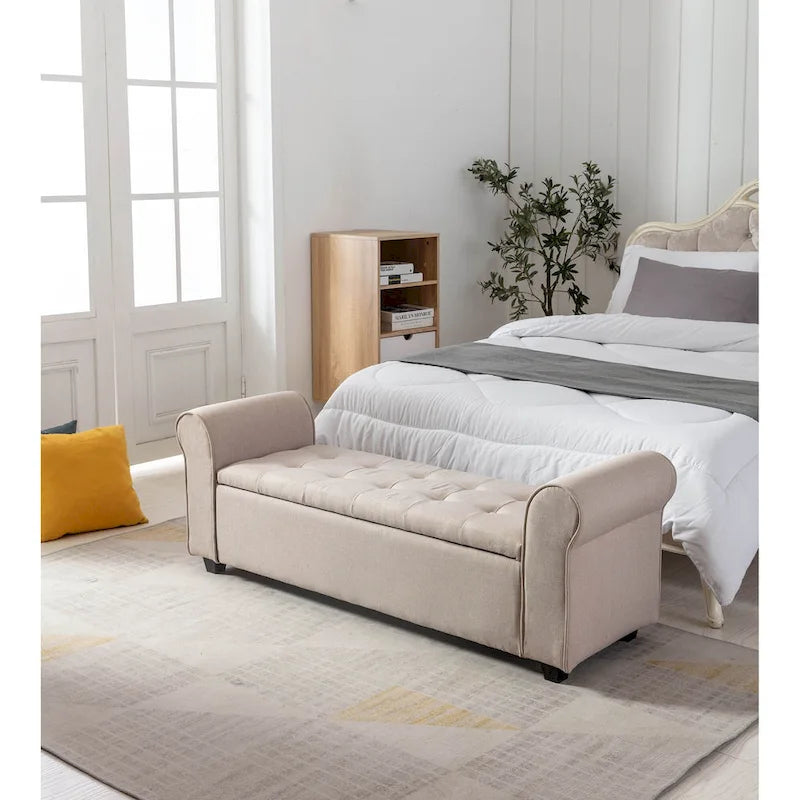 Upholstered Storage Bench Rolled Armrests Flip-Top Fabric 62-Inch