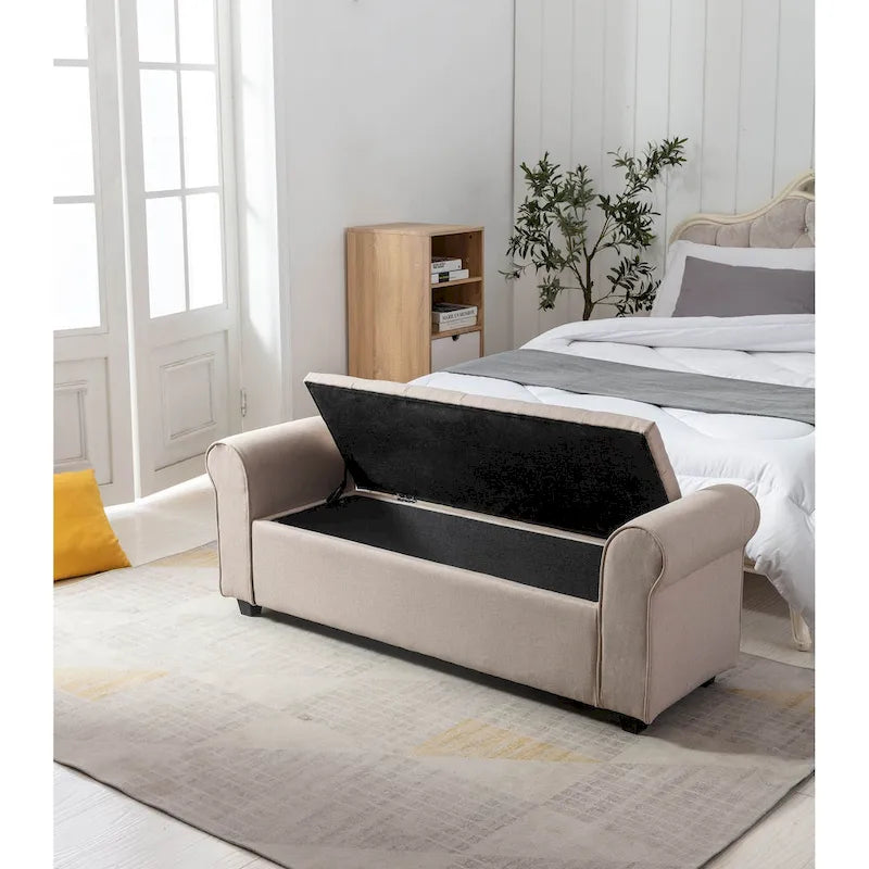Upholstered Storage Bench Rolled Armrests Flip-Top Fabric 62-Inch