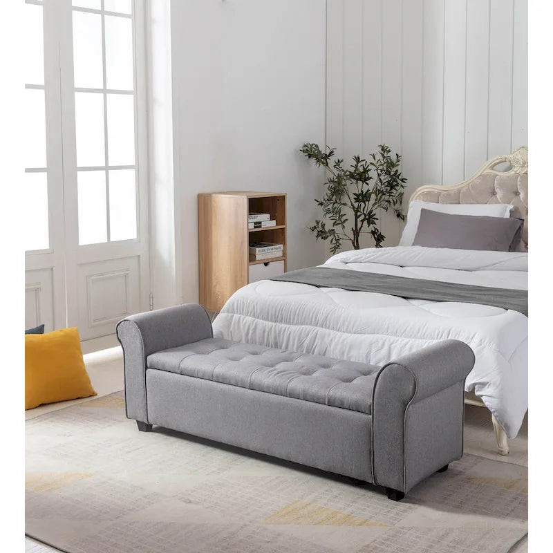 Upholstered Storage Bench Rolled Armrests Flip-Top Fabric 62-Inch
