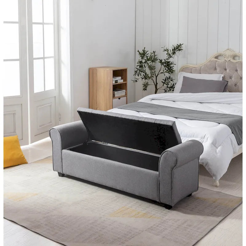 Upholstered Storage Bench Rolled Armrests Flip-Top Fabric 62-Inch