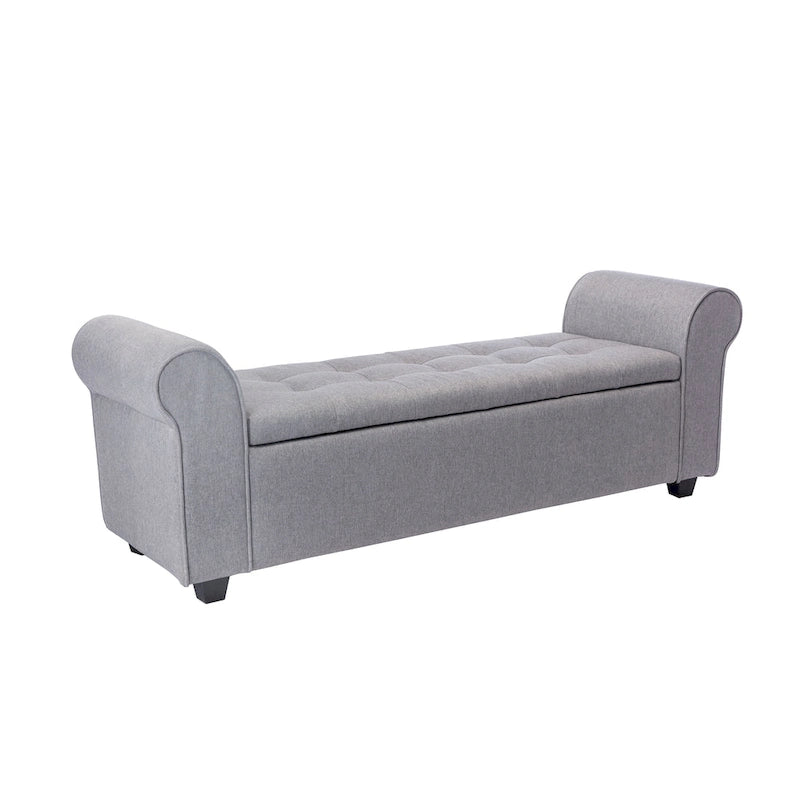 Upholstered Storage Bench Rolled Armrests Flip-Top Fabric 62-Inch