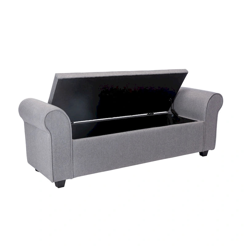 Upholstered Storage Bench Rolled Armrests Flip-Top Fabric 62-Inch