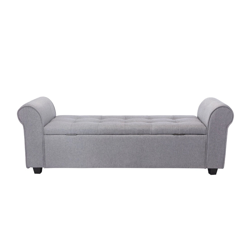 Upholstered Storage Bench Rolled Armrests Flip-Top Fabric 62-Inch