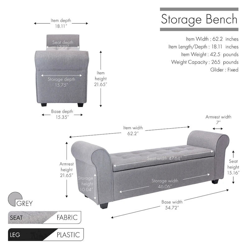 Upholstered Storage Bench Rolled Armrests Flip-Top Fabric 62-Inch