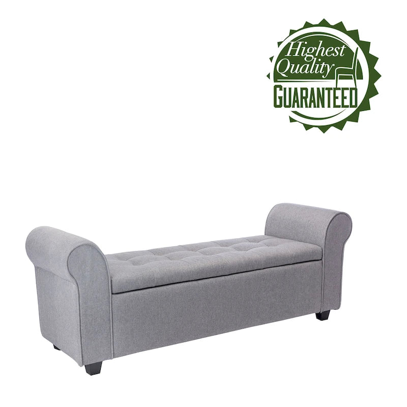 Upholstered Storage Bench Rolled Armrests Flip-Top Fabric 62-Inch