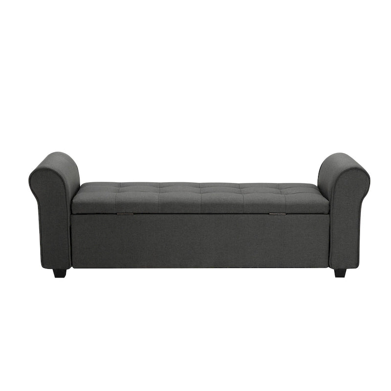 Upholstered Storage Bench Rolled Armrests Flip-Top Fabric 62-Inch