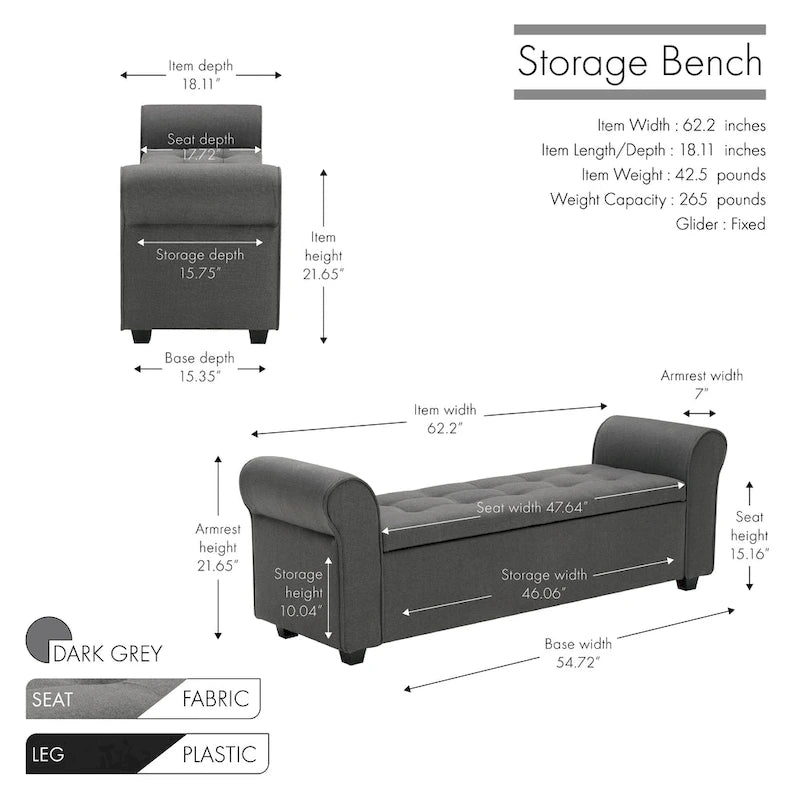 Upholstered Storage Bench Rolled Armrests Flip-Top Fabric 62-Inch