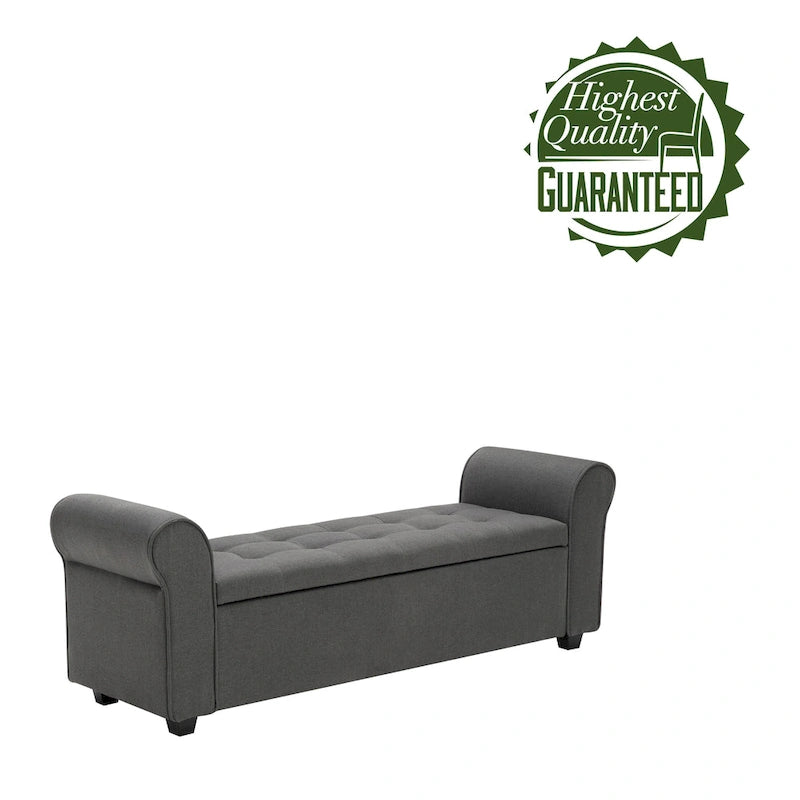 Upholstered Storage Bench Rolled Armrests Flip-Top Fabric 62-Inch