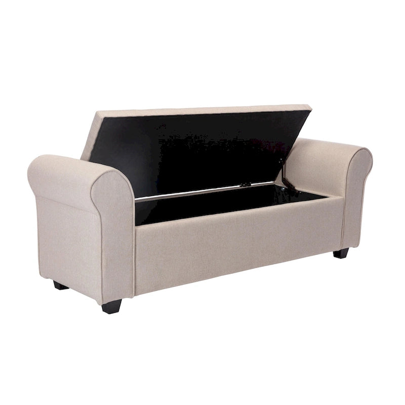 Upholstered Storage Bench Rolled Armrests Flip-Top Fabric 62-Inch
