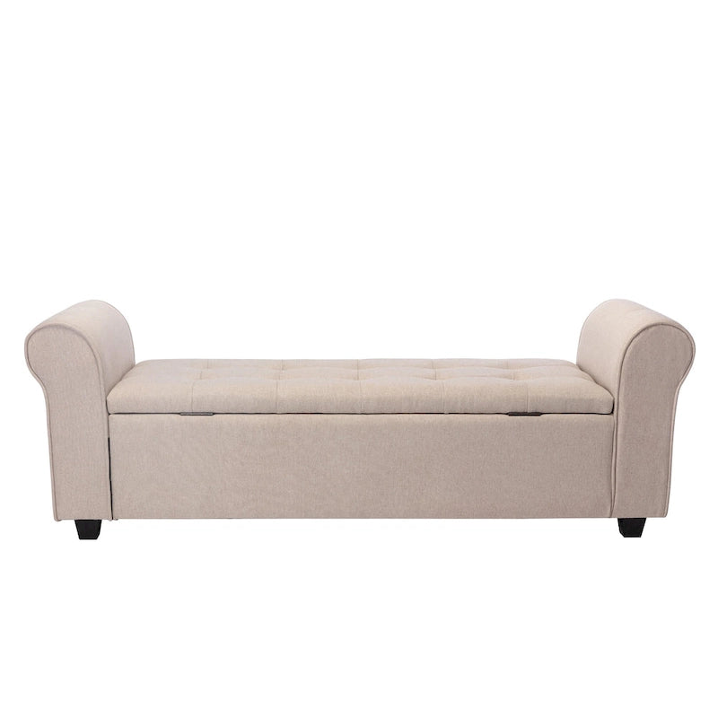 Upholstered Storage Bench Rolled Armrests Flip-Top Fabric 62-Inch