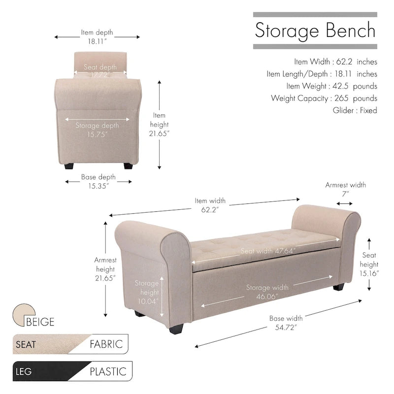 Upholstered Storage Bench Rolled Armrests Flip-Top Fabric 62-Inch