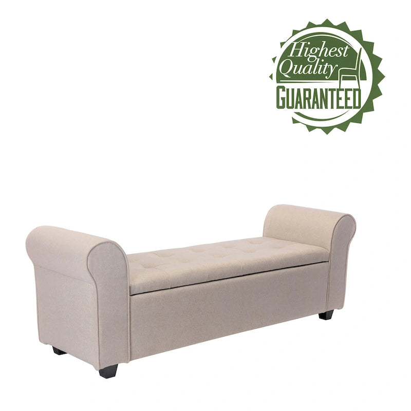 Upholstered Storage Bench Rolled Armrests Flip-Top Fabric 62-Inch