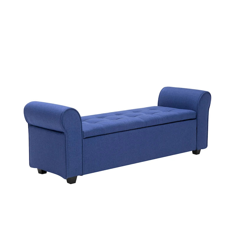 Upholstered Storage Bench Rolled Armrests Flip-Top Fabric 62-Inch