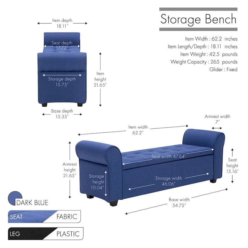 Upholstered Storage Bench Rolled Armrests Flip-Top Fabric 62-Inch