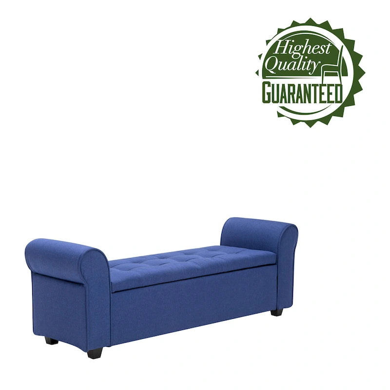 Upholstered Storage Bench Rolled Armrests Flip-Top Fabric 62-Inch