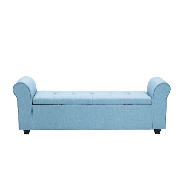 Upholstered Storage Bench Rolled Armrests Flip-Top Fabric 62-Inch