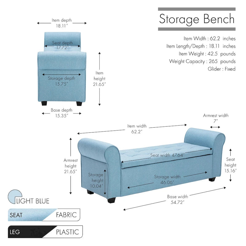 Upholstered Storage Bench Rolled Armrests Flip-Top Fabric 62-Inch
