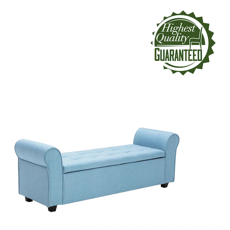 Upholstered Storage Bench Rolled Armrests Flip-Top Fabric 62-Inch