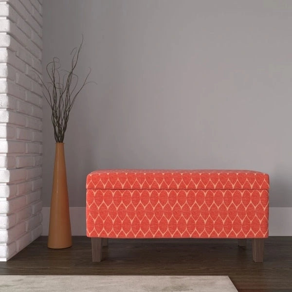 Storage Bench Geometric Chenille Upholstery Hinged Lid Honey Oak Legs 36-Inch