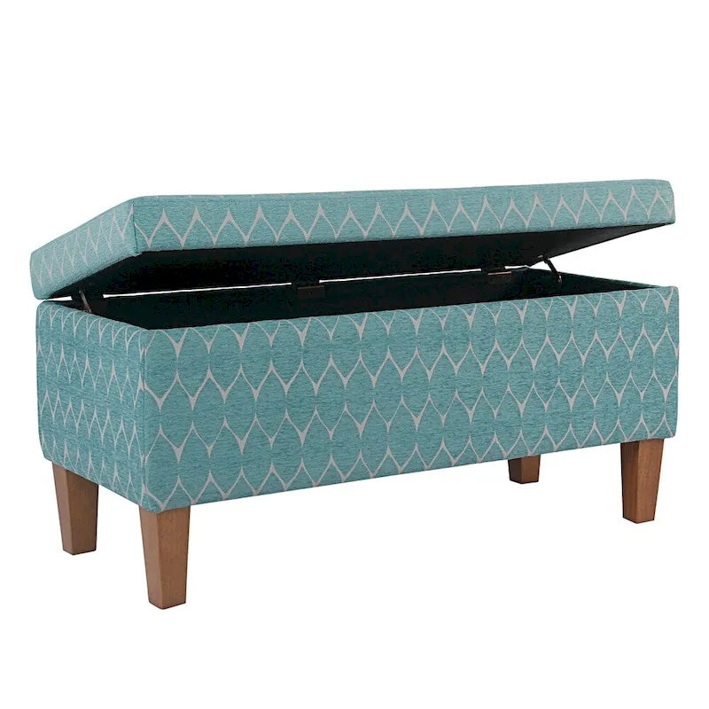 Storage Bench Geometric Chenille Upholstery Hinged Lid Honey Oak Legs 36-Inch