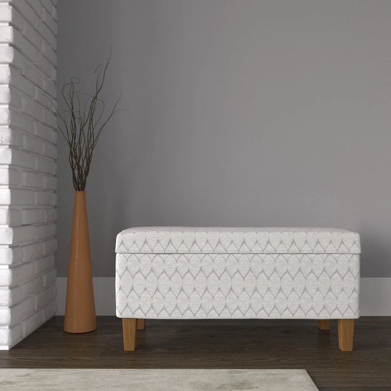 Storage Bench Geometric Chenille Upholstery Hinged Lid Honey Oak Legs 36-Inch