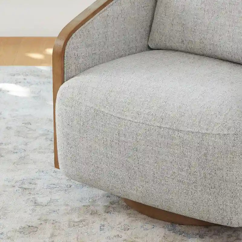 Drehbarer Akzentstuhl mit 360°-Drehfunktion, Schalenform, Holzverzierung, gepolstert, elfenbein und weizenfarben