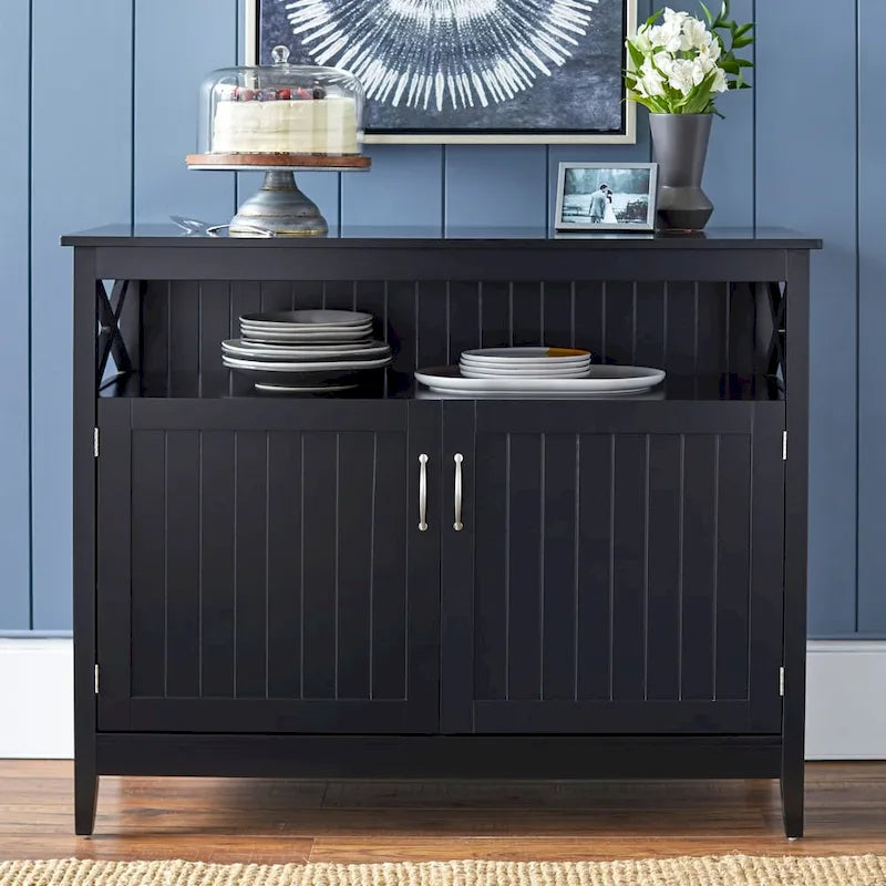 Credenza da pranzo con 2 ante, ante beadboard, pannelli laterali a X e ripiano regolabile