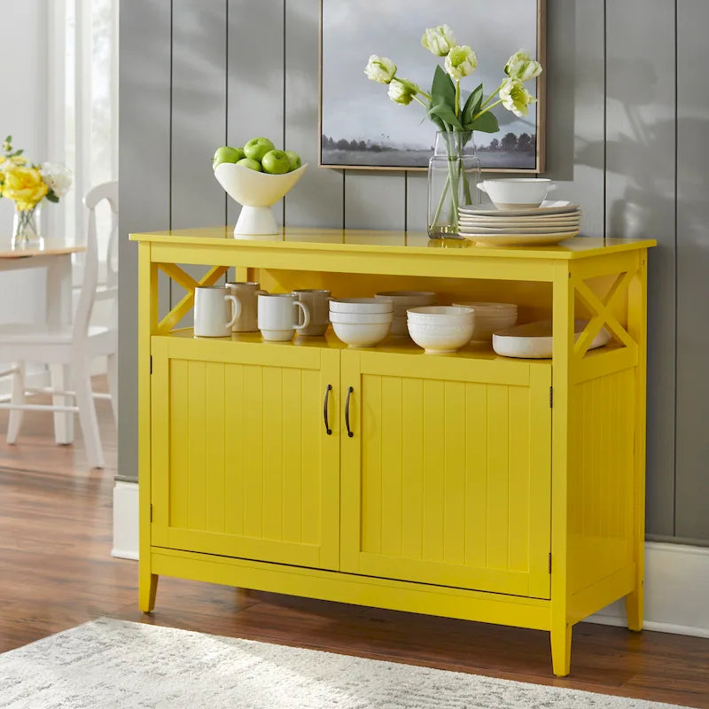 Credenza da pranzo con 2 ante, ante beadboard, pannelli laterali a X e ripiano regolabile
