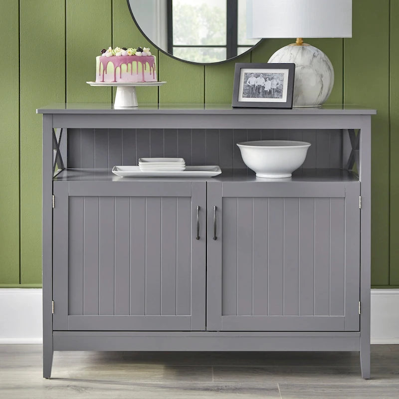 Credenza da pranzo con 2 ante, ante beadboard, pannelli laterali a X e ripiano regolabile