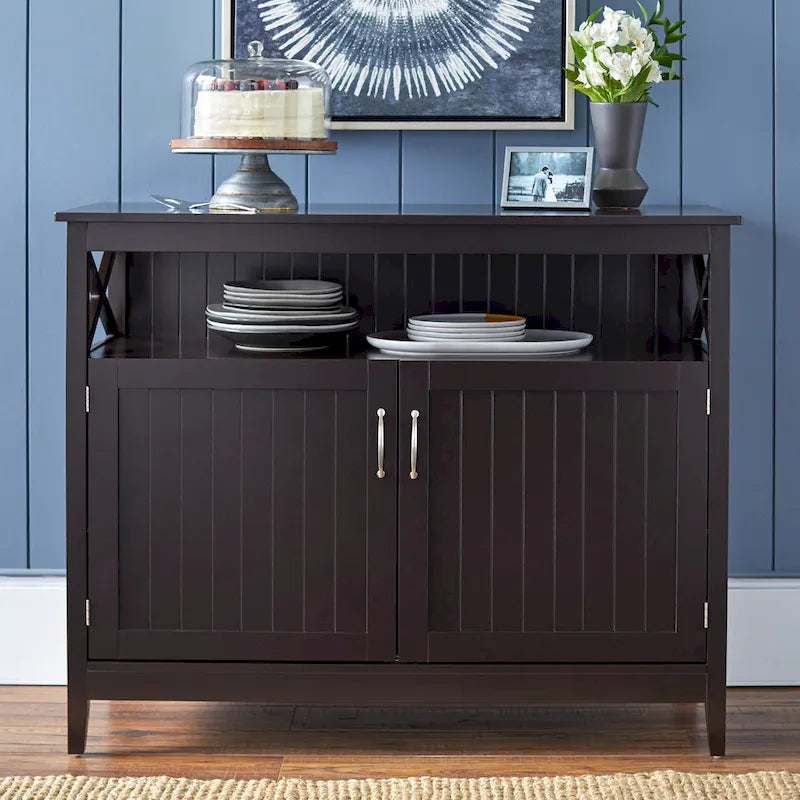 Credenza da pranzo con 2 ante, ante beadboard, pannelli laterali a X e ripiano regolabile