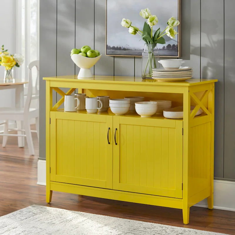 2-Door Dining Buffet Sideboard Beadboard Doors X-Side Panels Adjustable Shelf