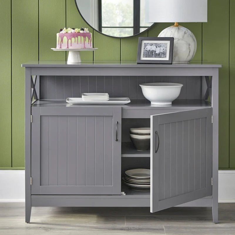 2-Door Dining Buffet Sideboard Beadboard Doors X-Side Panels Adjustable Shelf