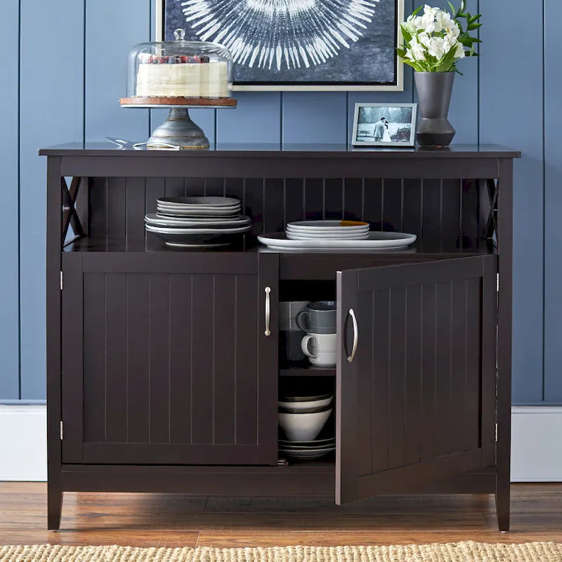 2-Door Dining Buffet Sideboard Beadboard Doors X-Side Panels Adjustable Shelf