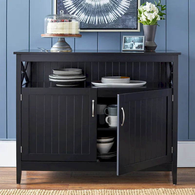 2-Door Dining Buffet Sideboard Beadboard Doors X-Side Panels Adjustable Shelf