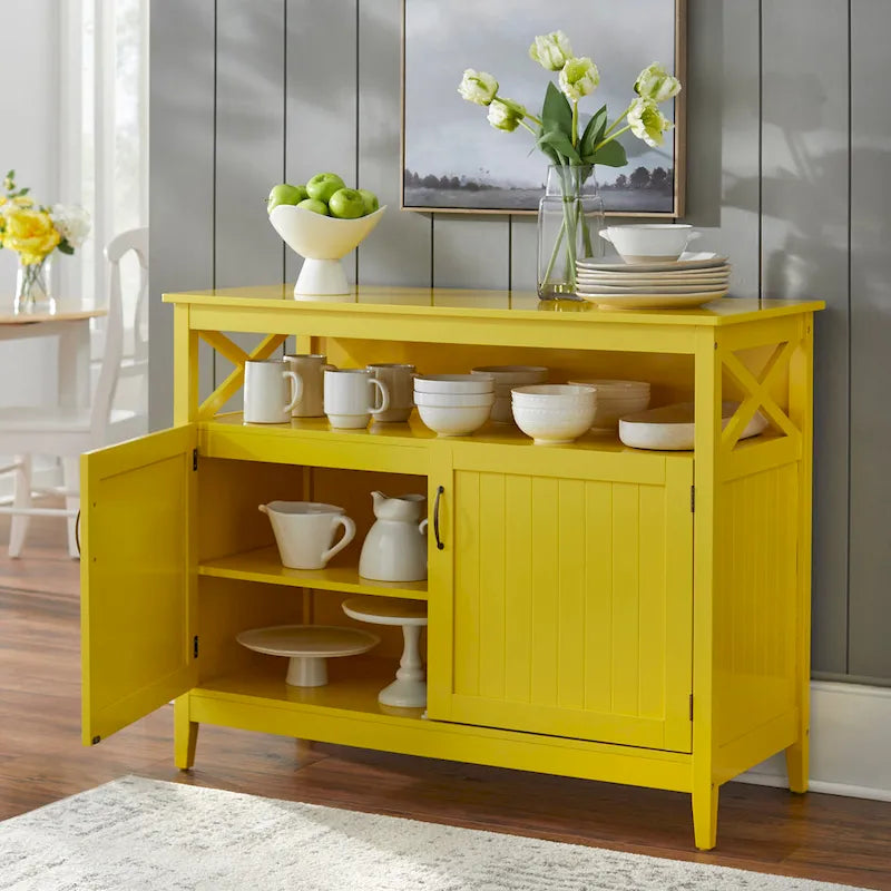 2-Door Dining Buffet Sideboard Beadboard Doors X-Side Panels Adjustable Shelf