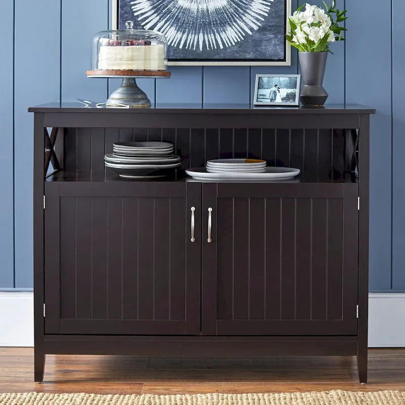 2-Door Dining Buffet Sideboard Beadboard Doors X-Side Panels Adjustable Shelf