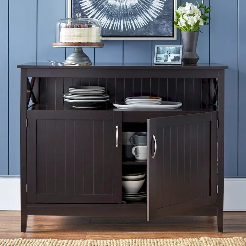 2-Door Dining Buffet Sideboard Beadboard Doors X-Side Panels Adjustable Shelf
