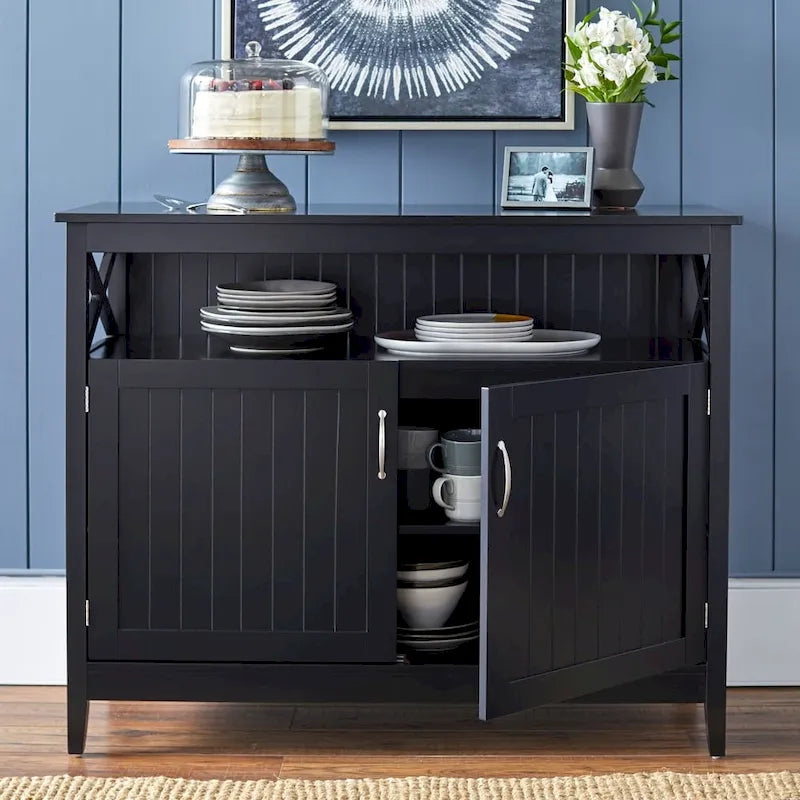 2-Door Dining Buffet Sideboard Beadboard Doors X-Side Panels Adjustable Shelf