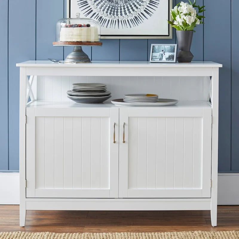 2-Door Dining Buffet Sideboard Beadboard Doors X-Side Panels Adjustable Shelf