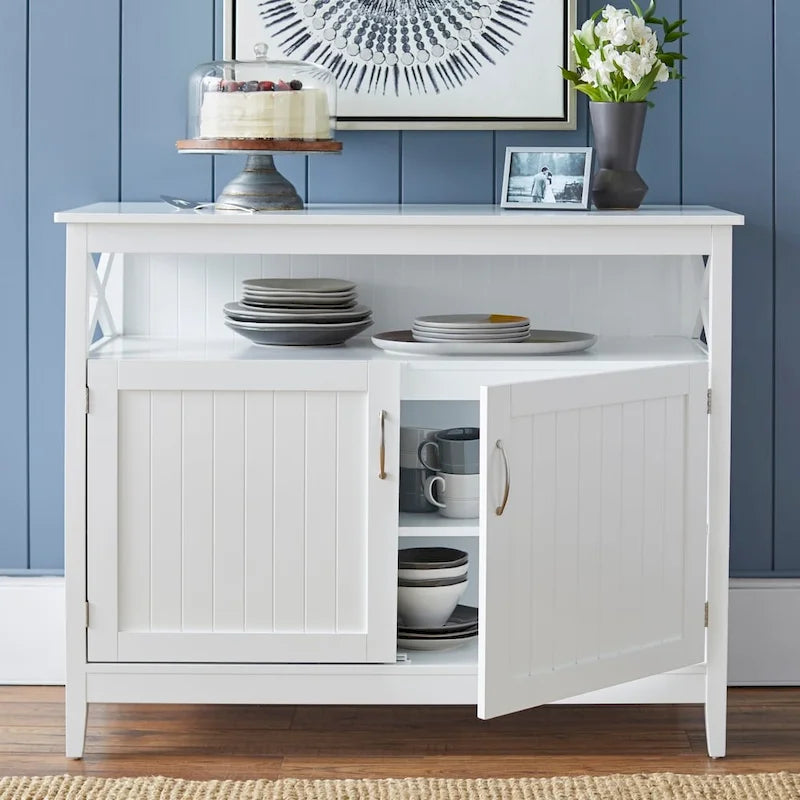 2-Door Dining Buffet Sideboard Beadboard Doors X-Side Panels Adjustable Shelf