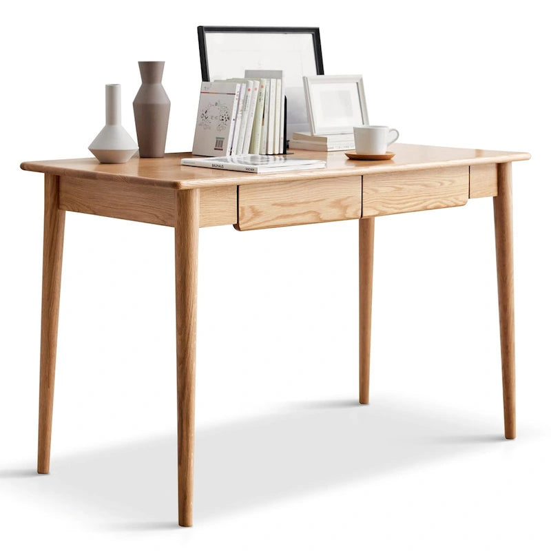 Scrivania da studio per computer in legno massello, 2 cassetti, foro passacavi, rovere naturale